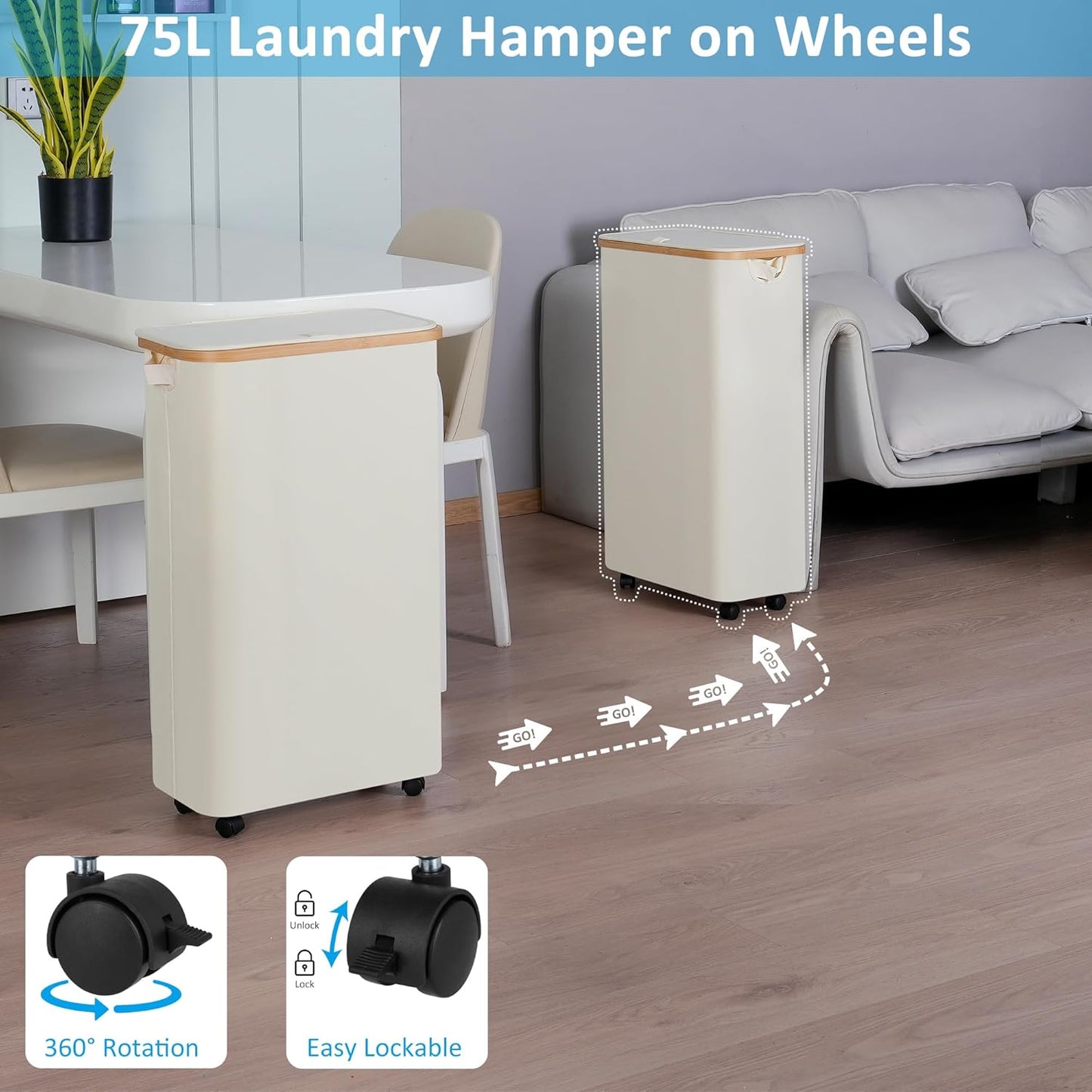 efluky Slim Laundry Basket with Wheels, Narrow Rolling Laundry Hamper with Lid and Removable Bag, Aesthetic Dirty Clothes Hamper on Wheels for Laundry Room, Bedroom, Dorm and Bathroom, 75L Beige