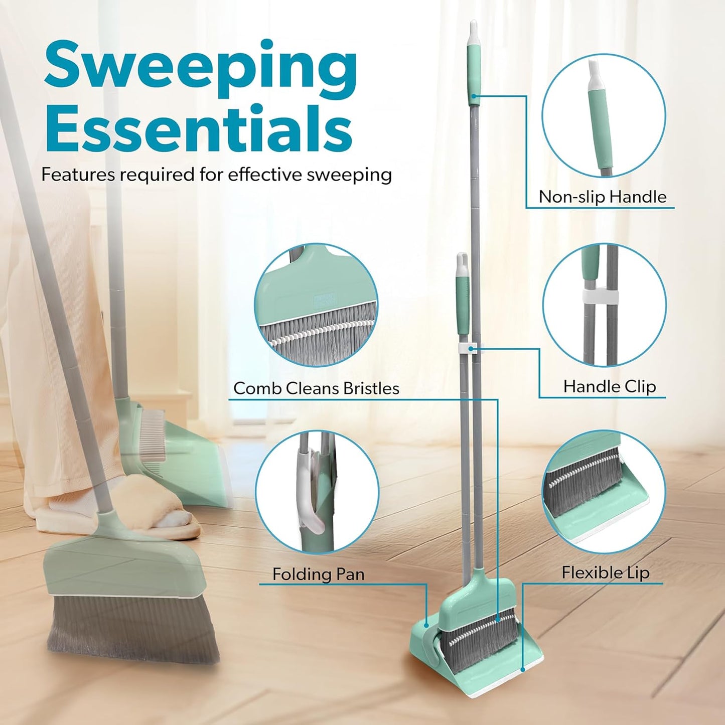 BLACK+DECKER Butler Broom & Dustpan Set - Short Handle, Stand-Up Design - Lightweight, Space-Saving Combo for Kitchen, Living Room, Bathroom, Lobby Floors - Home Cleaning Essential, Teal/Grey