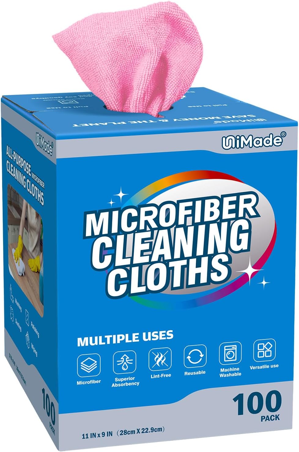 Microfiber Cleaning Cloth, 100 Sheets Microfiber Towels for Cars Commercial Grade Shop Towel Washcloths Lint-Free Bulk Cleaning Rags for Mechanic Restaurant Garage Housekeeping, 11"x 9", Pink