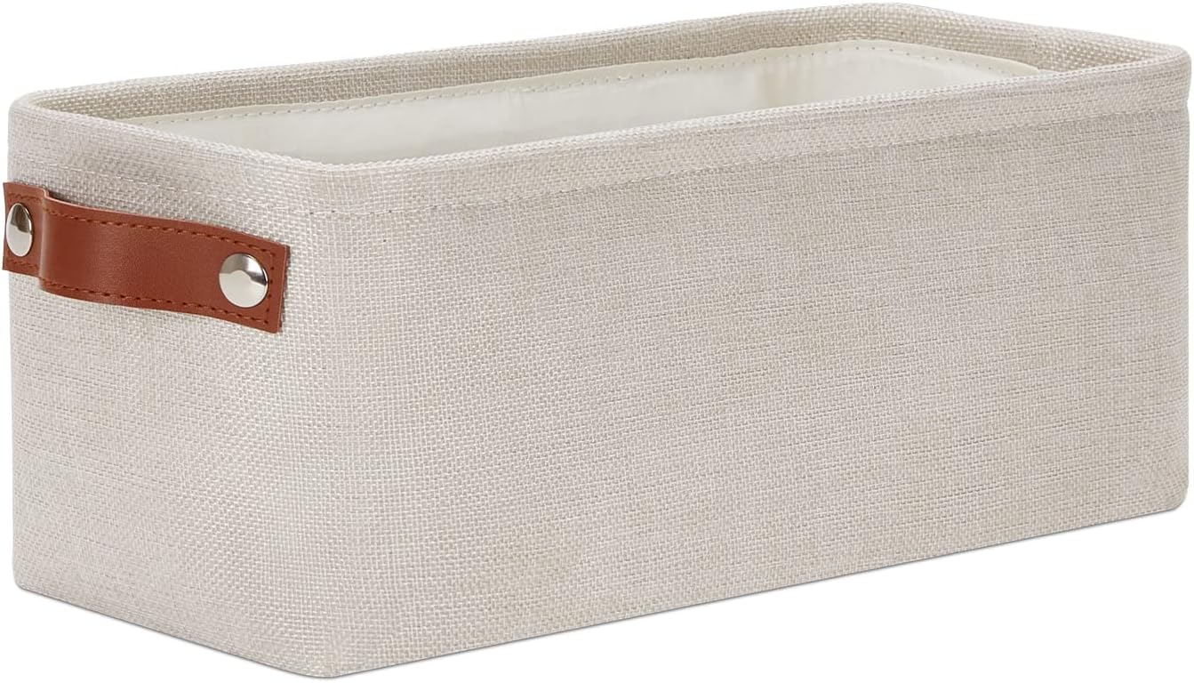 DULLEMELO Small Storage Basket, Toilet Paper Basket Narrow Storage Bin for Bathroom, Bathroom Basket for Organizing with Leather Handles, Canvas Storage Basket for Toilet Magazine Holder(Beige)