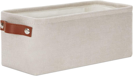 DULLEMELO Small Storage Basket, Toilet Paper Basket Narrow Storage Bin for Bathroom, Bathroom Basket for Organizing with Leather Handles, Canvas Storage Basket for Toilet Magazine Holder(Beige)
