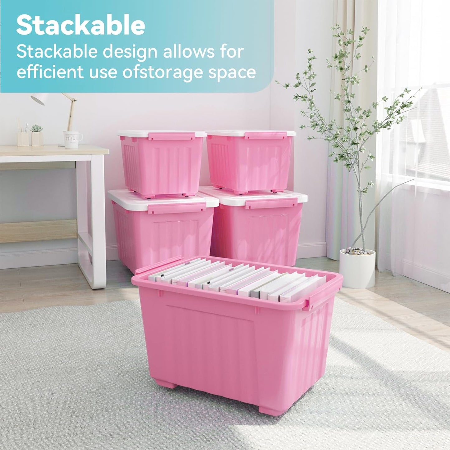 Nazhura Plastic Storage Bin, Stackable and Nestable Storage Boxes with White Lids and Secure Latching Buckles, Large Storage Container (Pink/White, 72Quart-6Pack)