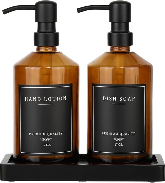 Amber Glass Soap Dispenser, Bathroom Hand Soap Dispensers with Stainless Pump, 17 Oz Kitchen Hand and Dish Soap Dispenser Set, Modern Liquid Soap Lotion Dispenser (Amber Bottle/Black Pump)