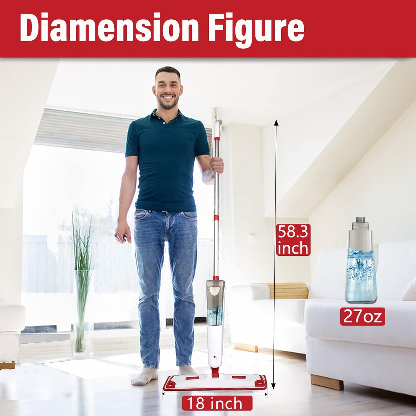 Mop for Floor Cleaning, Professional 18 Inch Washable Reusable 3 Pads Refills and Refillable Spray Bottle for Easy Wet Dry Mopping, Dust Flat Mops for Hardwood Laminate Tile