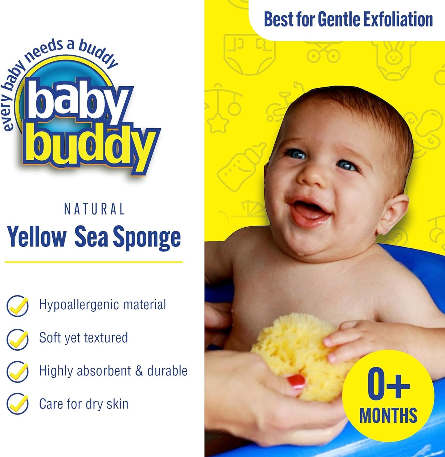 Baby Buddy Baby Bath 4in Yellow Sea Sponge, Absorbent Natural Sea Sponge, Soft on Tender Skin, Biodegradable, Hypoallergenic, Bath Accessories for Bathing, 3 Pack