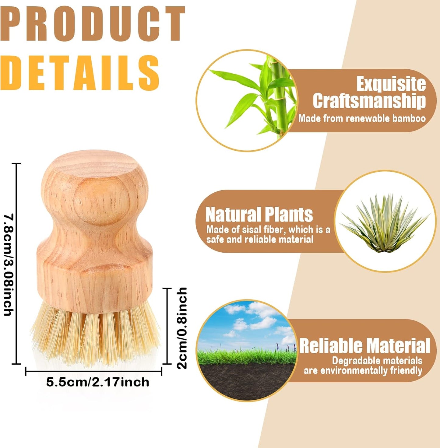 Nuenen 60 Packs Bamboo Dish Scrub Brushes Wooden Scrubbers Set Kitchen Dishwashing Scrubber with Natural Sisal Bristles for Iron Pot Pan Sink