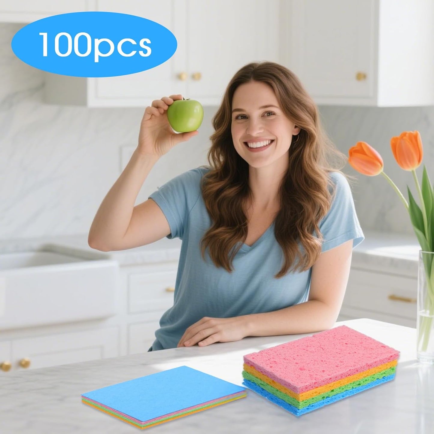 100pcs Kitchen Sponges Bulk Natural Sponges for Dishes Reusable Dish Sponge Scrub Compressed Wood Pulp Sponge Non-Scratch Cleaning Spongefor Kids DIY Kitchen Bathroom Household