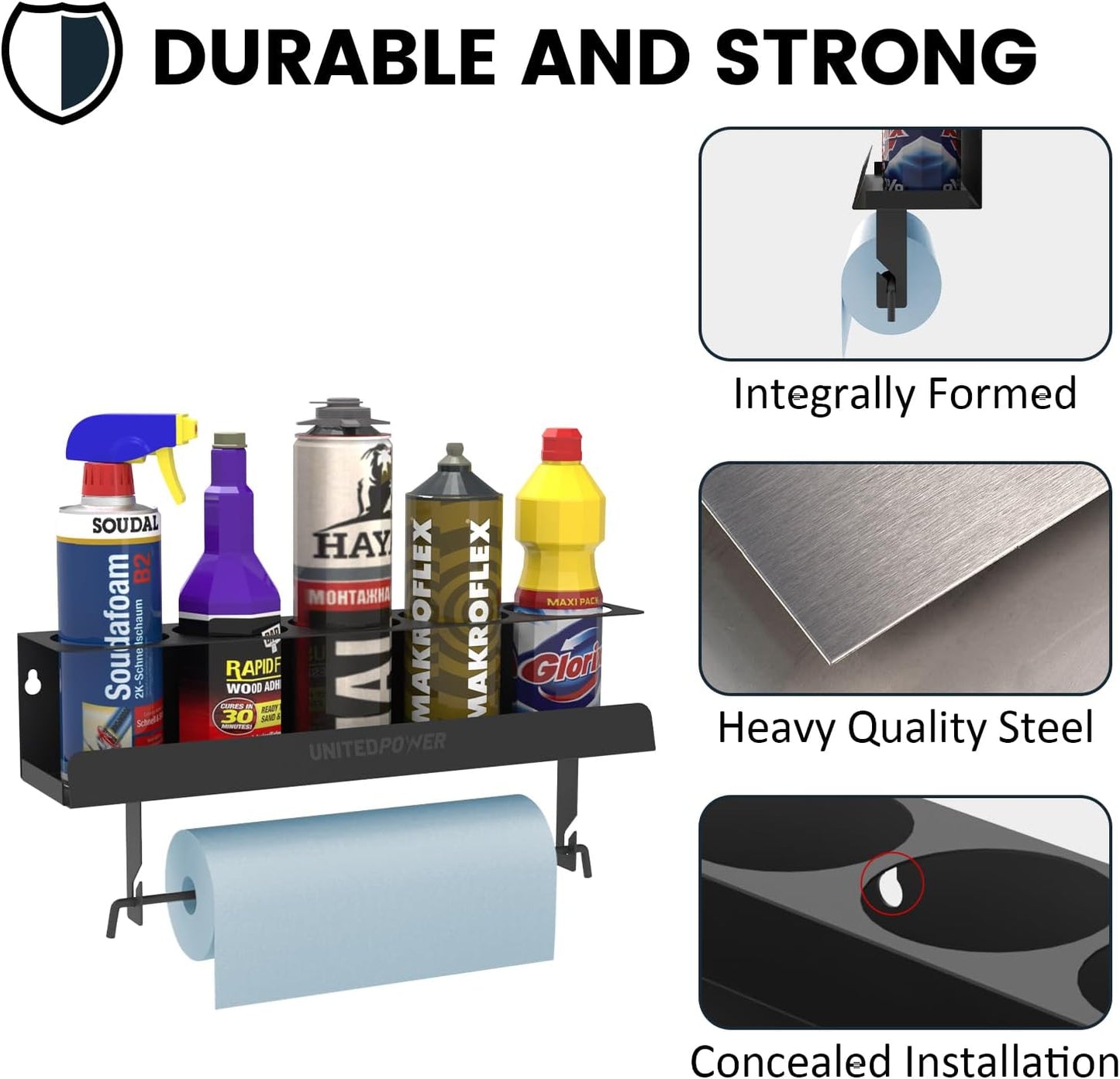 UNITEDPOWER 5 Aerosol Spray Can/Paper Towel Holder, Paint Bottle Storage Rack, Steel Wall Mount Shelf, Tool Organizer for Garage, Craft Workspace and Home