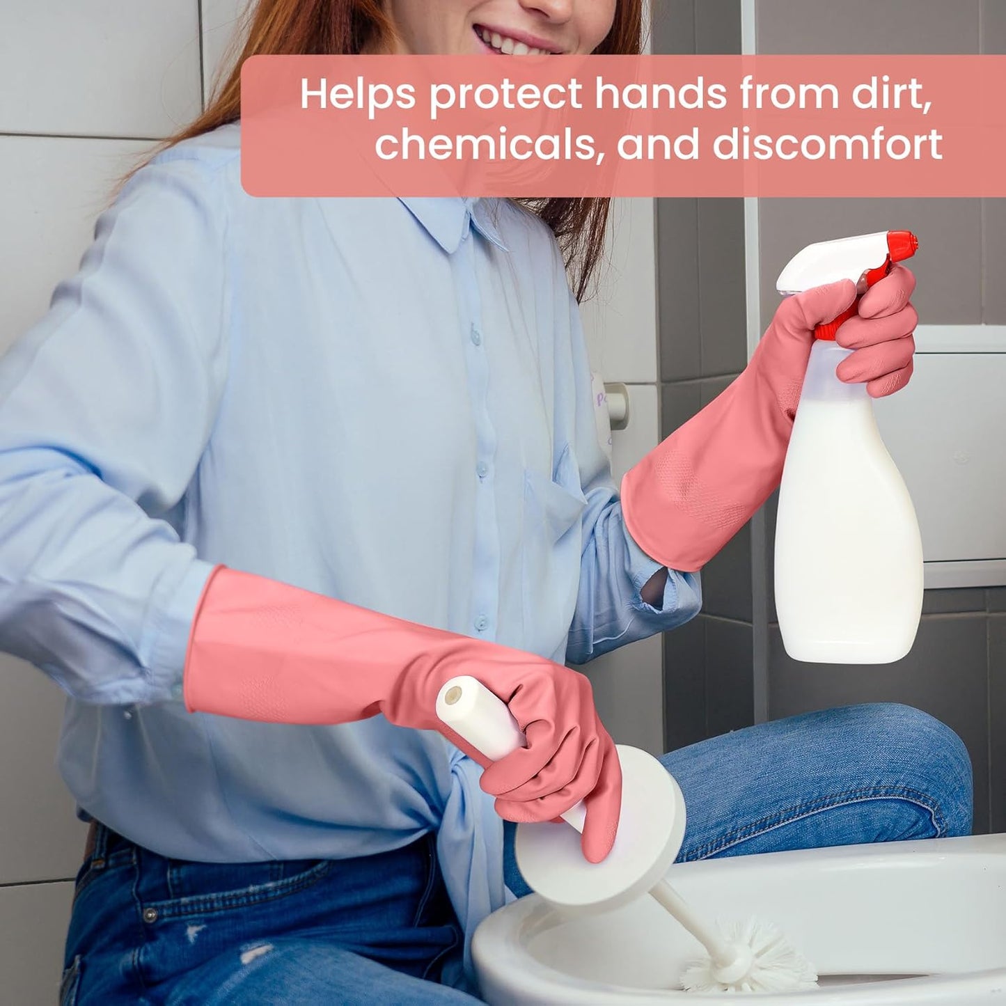 Rubber Cleaning Gloves for Dishwashing, 4 Pairs Reusable Kitchen Gloves for Washing Dishes and Household Cleaning, Pink Dish Gloves with Flocked Lining and Non-Slip Grip, Pefect for Woman Men - M