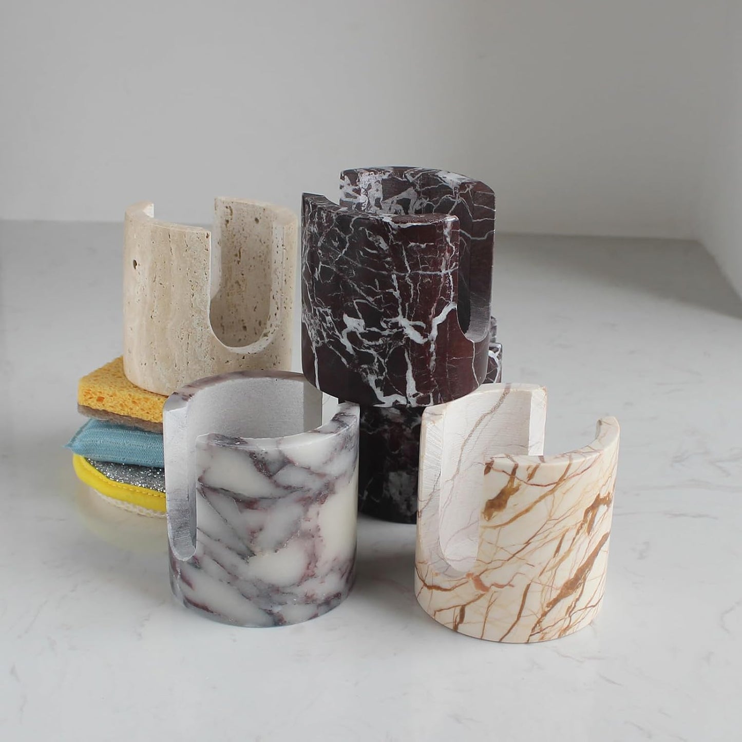 Natural Rosa Levanto Marble Sponge Holder for Kitchen Counter, Drying Rack, Sponge Caddy for Sink Organizer