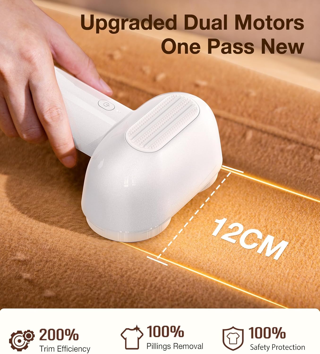 TORRAS Dual-Head Fabric Shaver, Longest Durability & 50ml Large Capacity Rechargeable Lint Removers to Remove Pills, 6-Leaf Blades Defuzzer, Electric Shaver for Clothes Couch Furniture, Pearl White