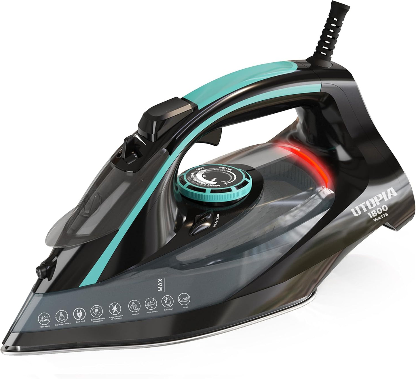 Utopia Home Steam Iron for Clothes - Non-Stick Soleplate - 1800W Clothes Iron With Auto-Off Safety Feature - Adjustable Thermostat Control, Variable Steam Control, Self-Clean, 8 Feet Cord (Black/Teal)