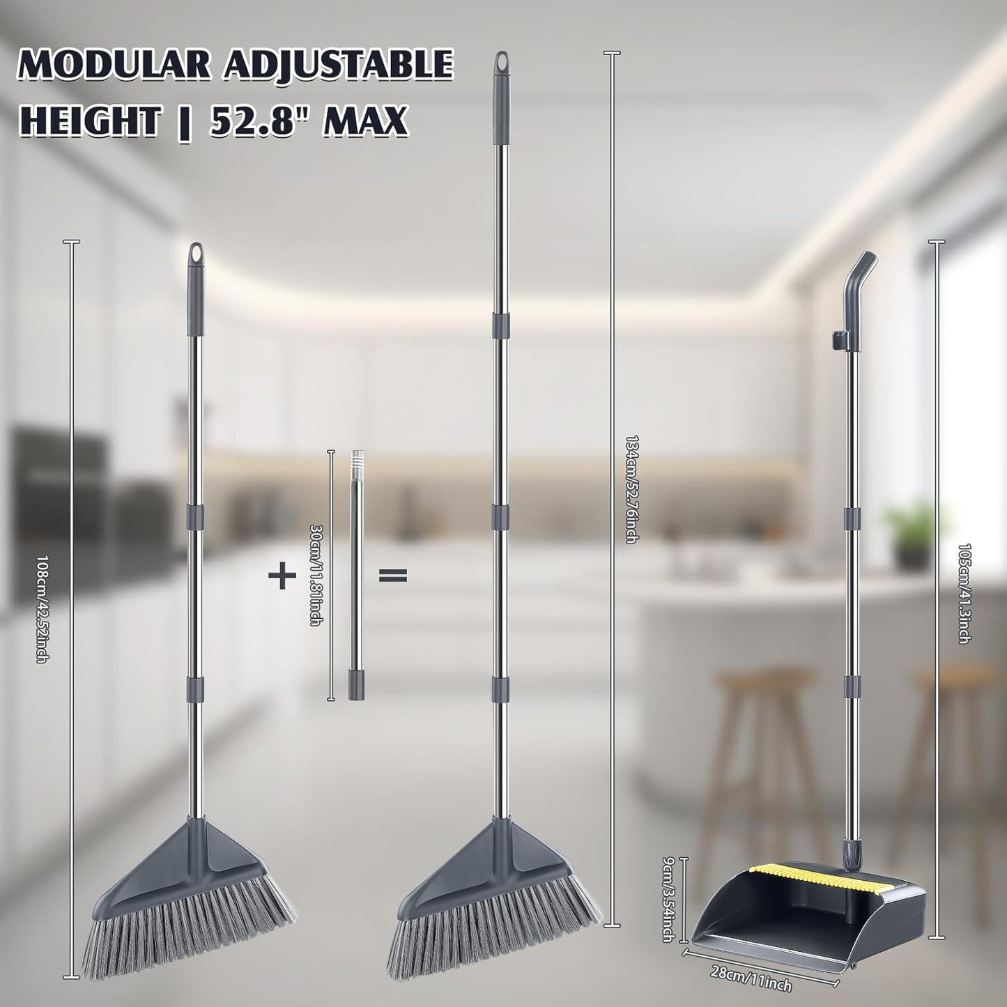 Broom and Dustpan Set for Home with 52 Inch Long Angled Handle - Stand Up Dustpan No Warping Metal Edge, Ergonomic Sweeping, 4 Layer Bristles and Hair Cleaning Teeth for Kitchen Office