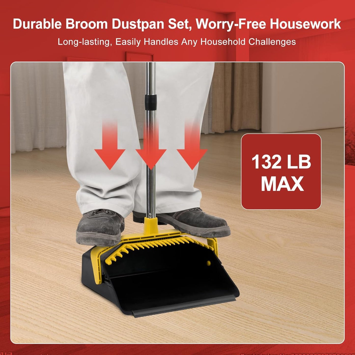 Broom with Dustpan Combo Set, Brooms and Dustpans Sets with 51'' Long Handle, Large Dust Pan and Broom, Self-Cleaning Dustpan Teeth for Lobby Kitchen Office - Black and Yellow