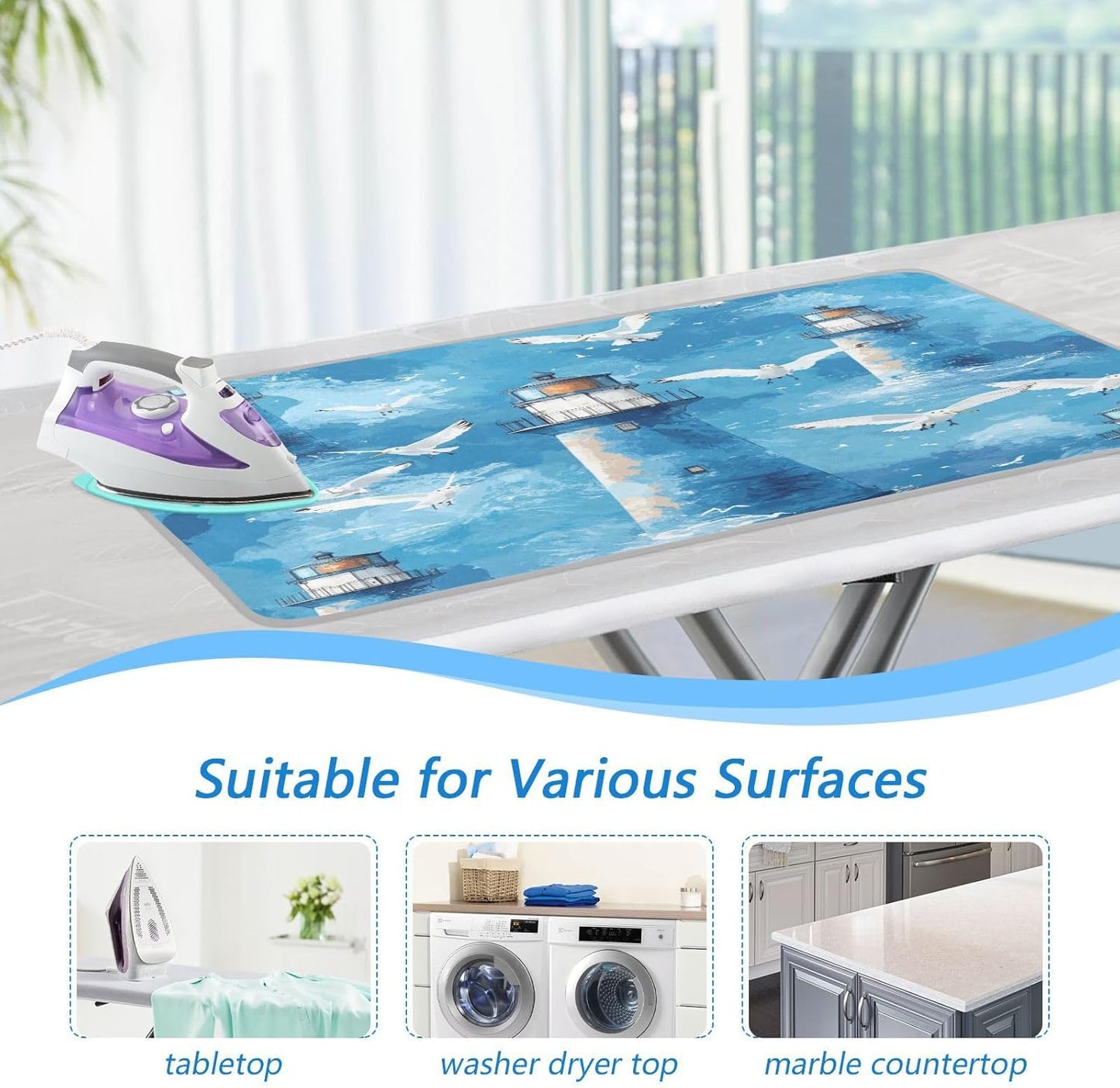 Watercolor Blue Lighthouses and Seagulls Ironing Mat Thickened Ironing Blanket Travel Portable Double-Side Using Ironing Pad Travel Isolate Heat Pad Cover for Washer Dryer Table Top Countertop