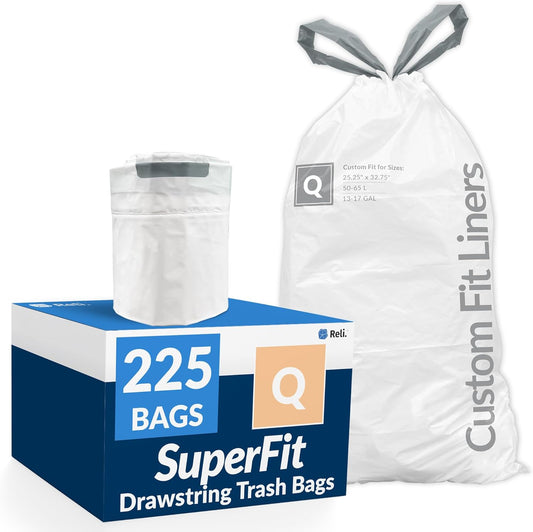 Reli. SuperFit Code Q (225 Count) | Compatible with Simplehuman Code Q | Custom Fit Liners | Drawstring Trash Bags | 50-65 Liter / 13-17 Gallon | White | Roll Pack