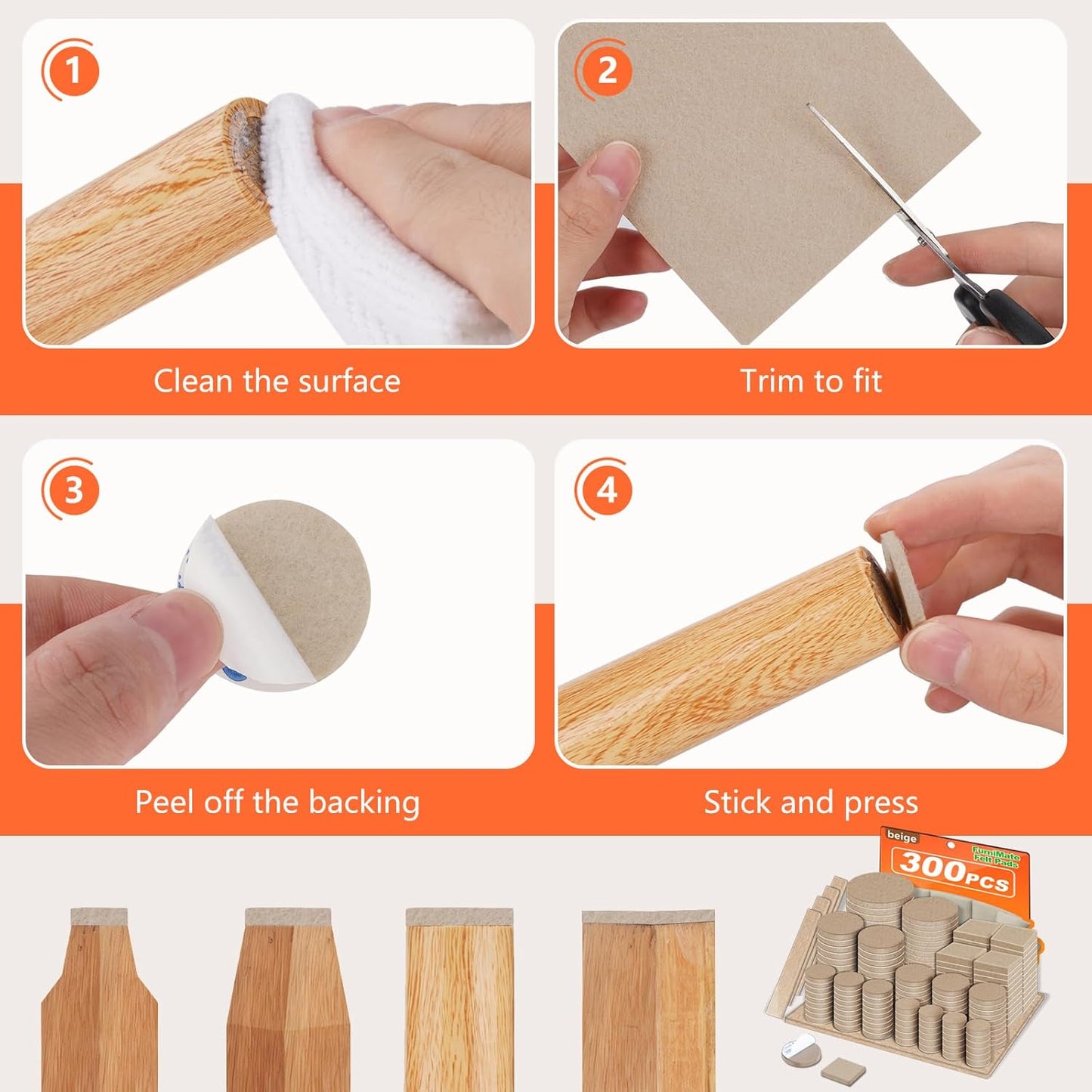 Felt Furniture Pads 300 Pieces, Furniture Pads for Hardwood Floors, Floor Protectors for Furniture Legs, Felt Pads for Furniture Beige