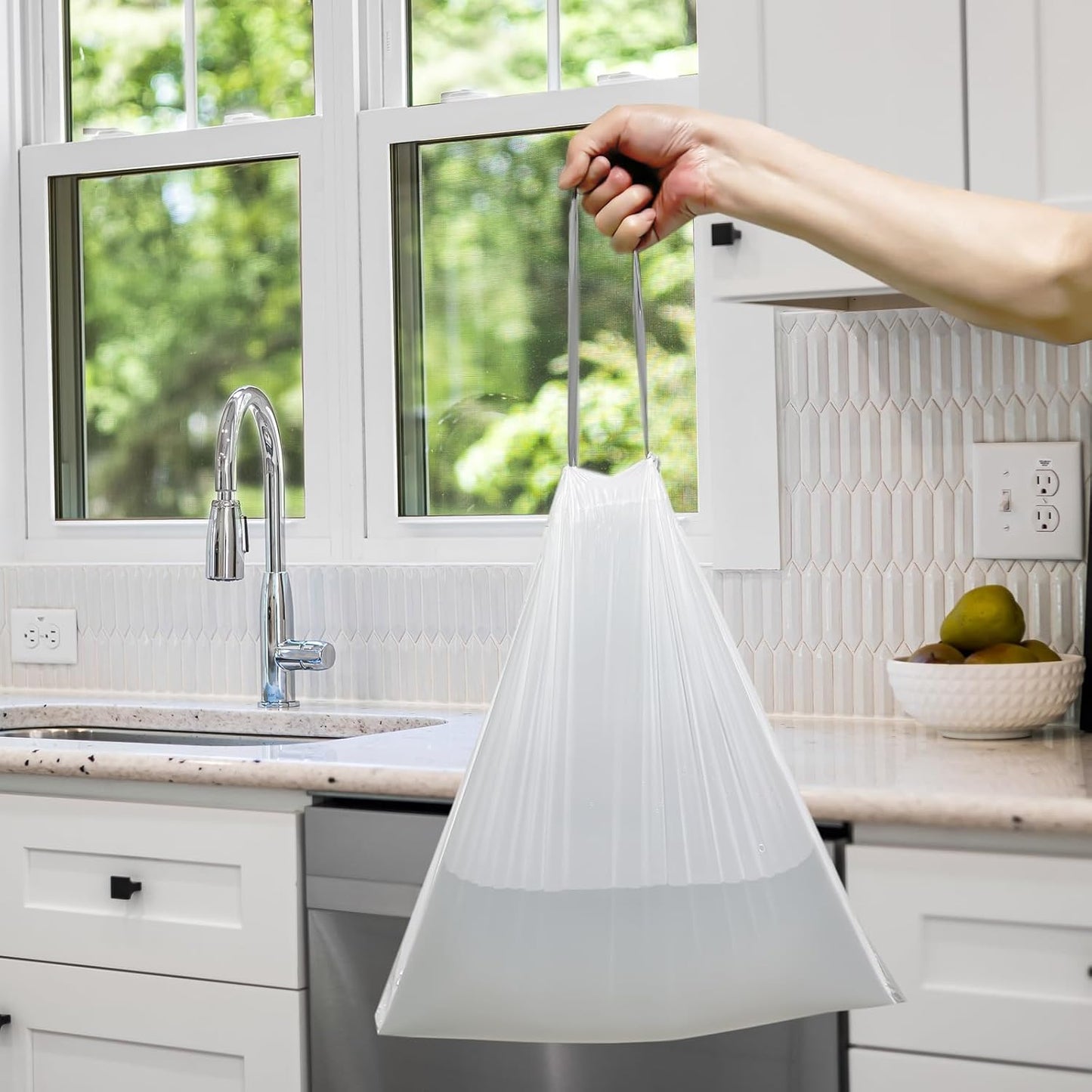 8 Gallon Trash-Bags Drawstring Kitchen-Garbage-Bag Unscented - White Plastic 54 Count Recyclable Restroom Liners Strong Compactor Can Tall Large Recycle Waste Basket Inwaysin