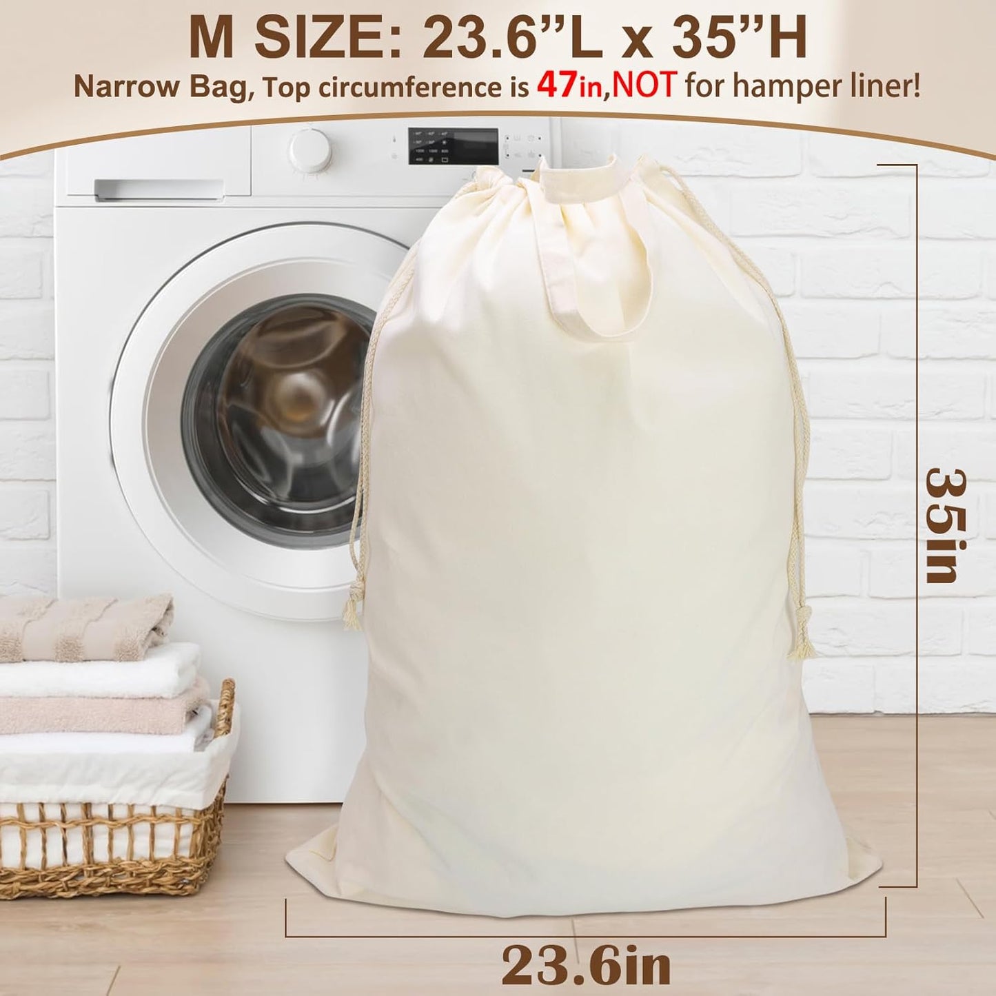 Canvas Laundry Bag with Handles & Drawstring 23.6"x35", Dirty Clothes Travel Bag, Heavy Duty Washable Cotton Laundry Sack for Travel, Camp, College (2 Pack)