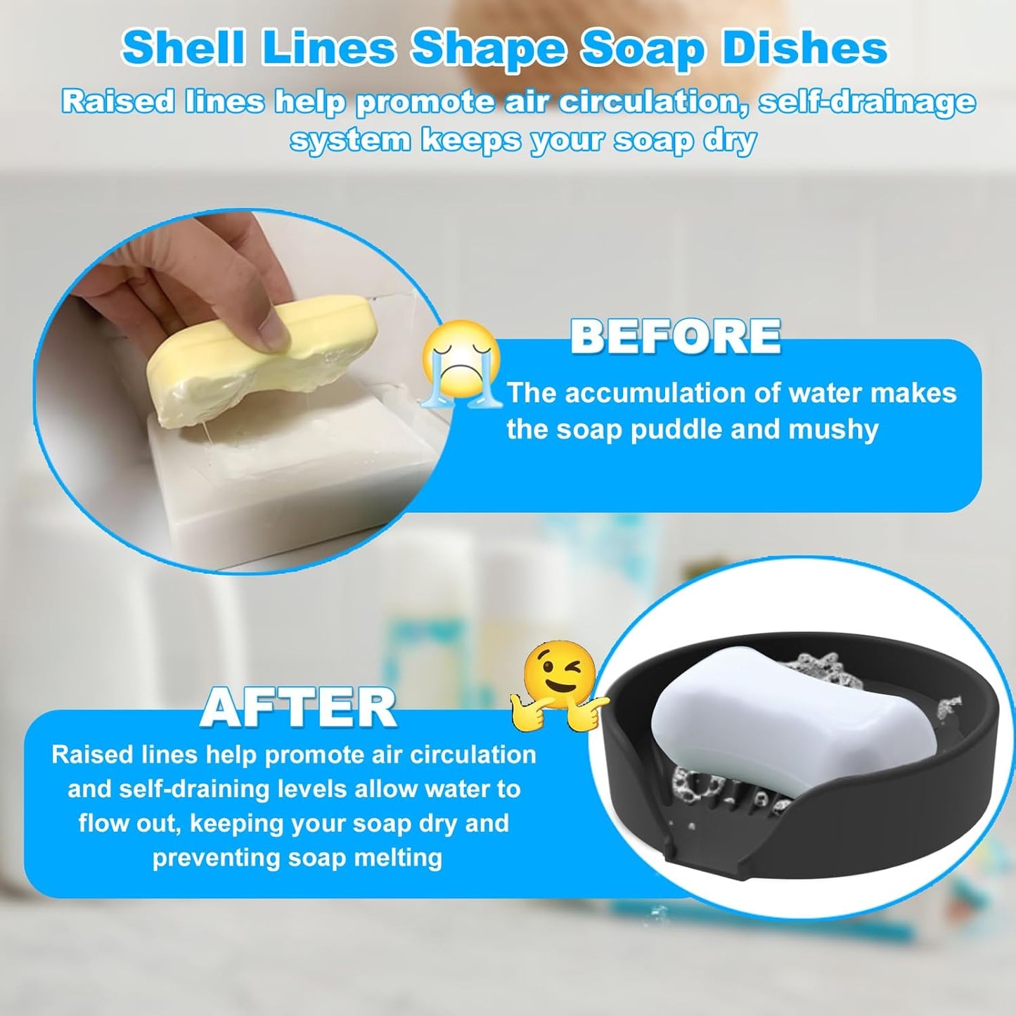 Self Draining Soap Dish, Silicone Suction Cup Soap Holder Tray Savers Container Sponge Holder for Bar Bathroom Shower Kitchen Sink, Can Extend Soap Life (1, Black)