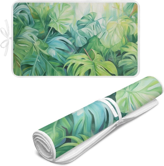 Green Ironing Mat Portable Ironing Pad Monstera Leaf 32 x 16 Inch Large Ironing Mat for Table Top of Washer, Dryer, Table Top, Countertop, Heat Resistant Iron Board Pads