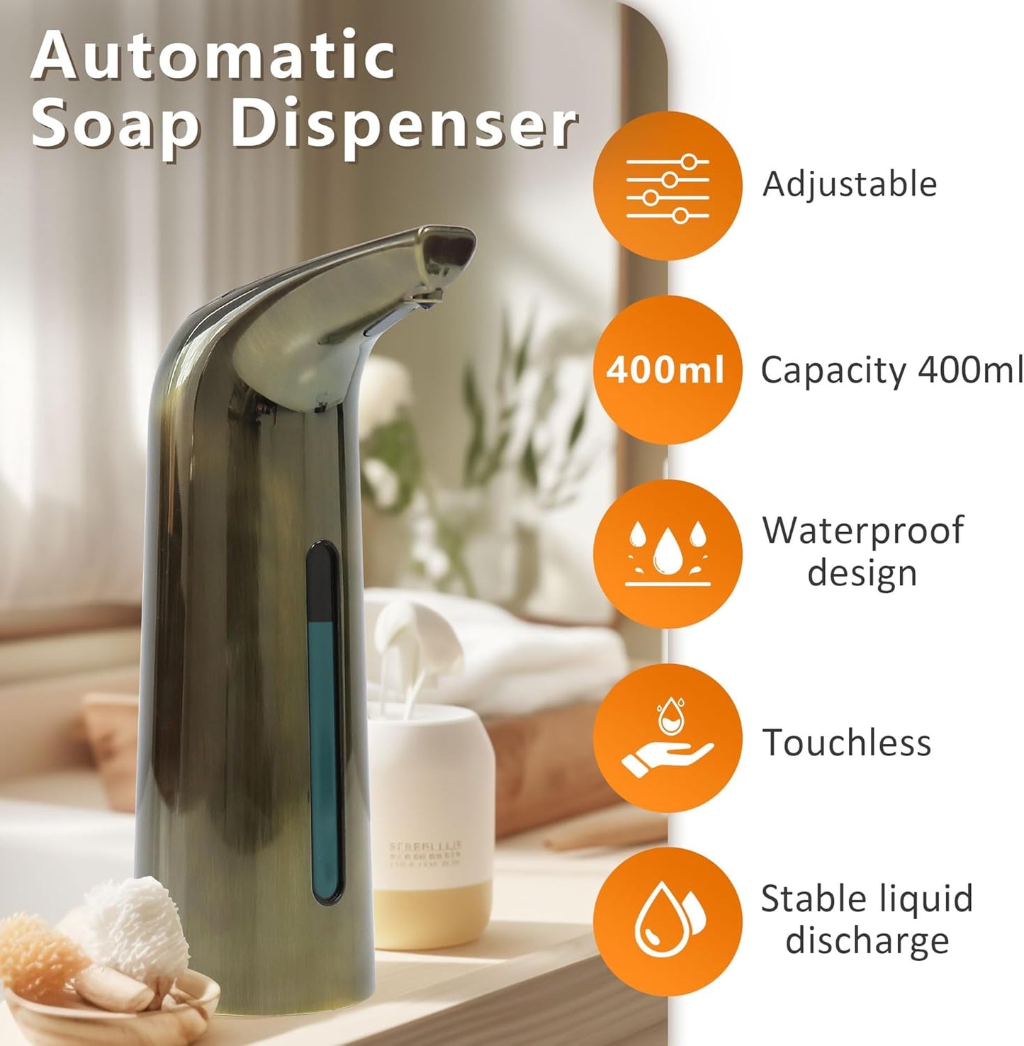 Automatic Liquid Soap Dispenser Touchless,400ML Modern Dish Soap Dispenser with Sensor,4 Gear Adjustable Battery Operated Waterproof Hand Sanitizer Dispenser for Bathroom,Kitchen