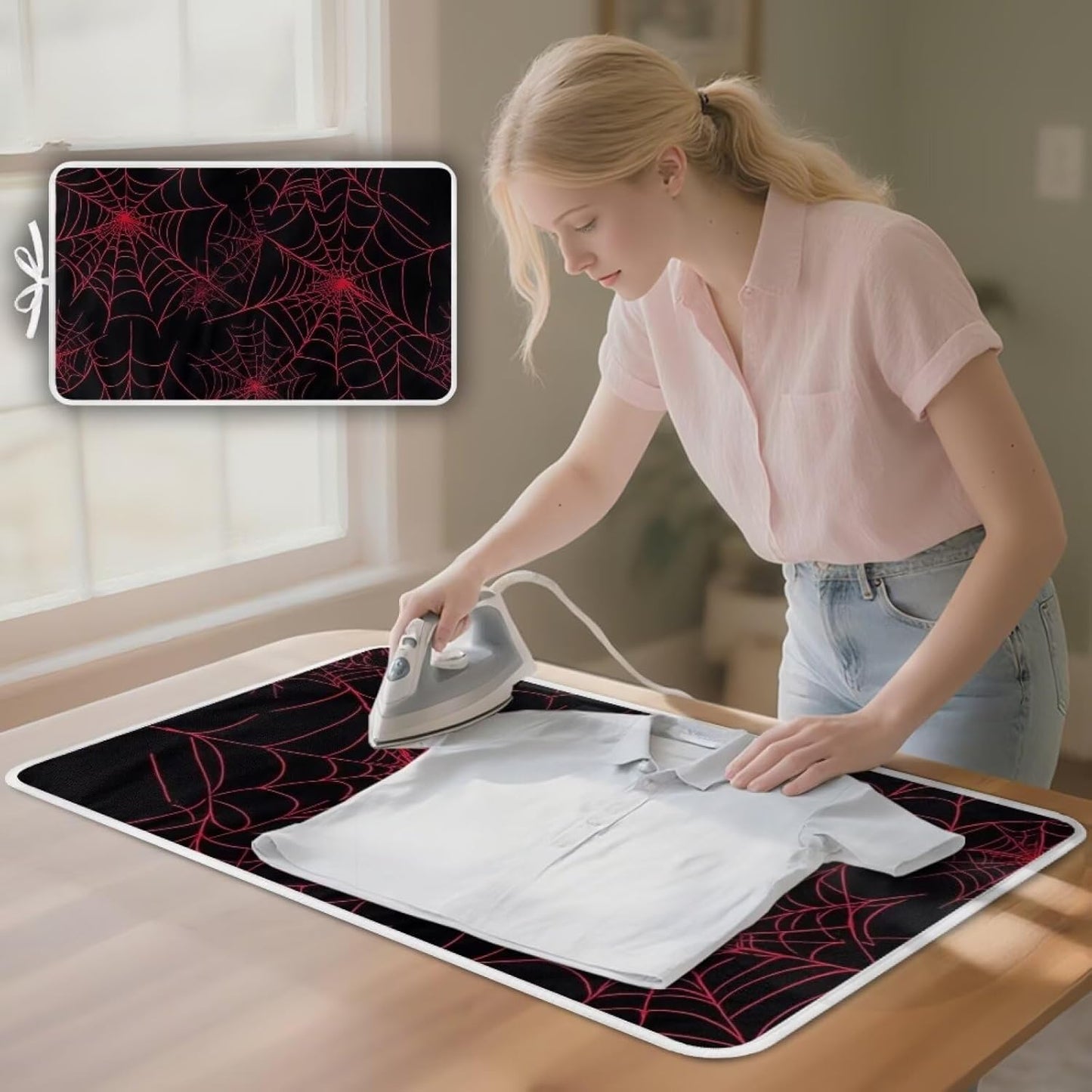 Ironing Mat Red Spider Web Portable Ironing Pad Blanket for Table Top Heat Resistance Foldable Lightweight 32 x 16 Inch Small Ironing Pads for Washer,Dryer,Countertop