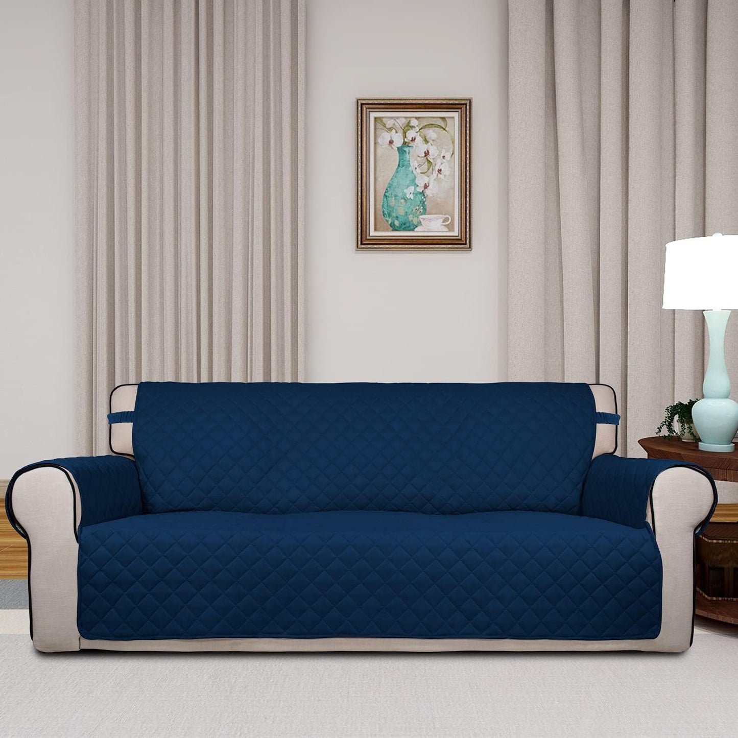 PureFit Reversible Quilted Sofa Cover, Water Resistant Slipcover Furniture Protector, Washable Couch Cover with Non Slip and Elastic Straps for Kids, Pets (Sofa, Navy/Navy)