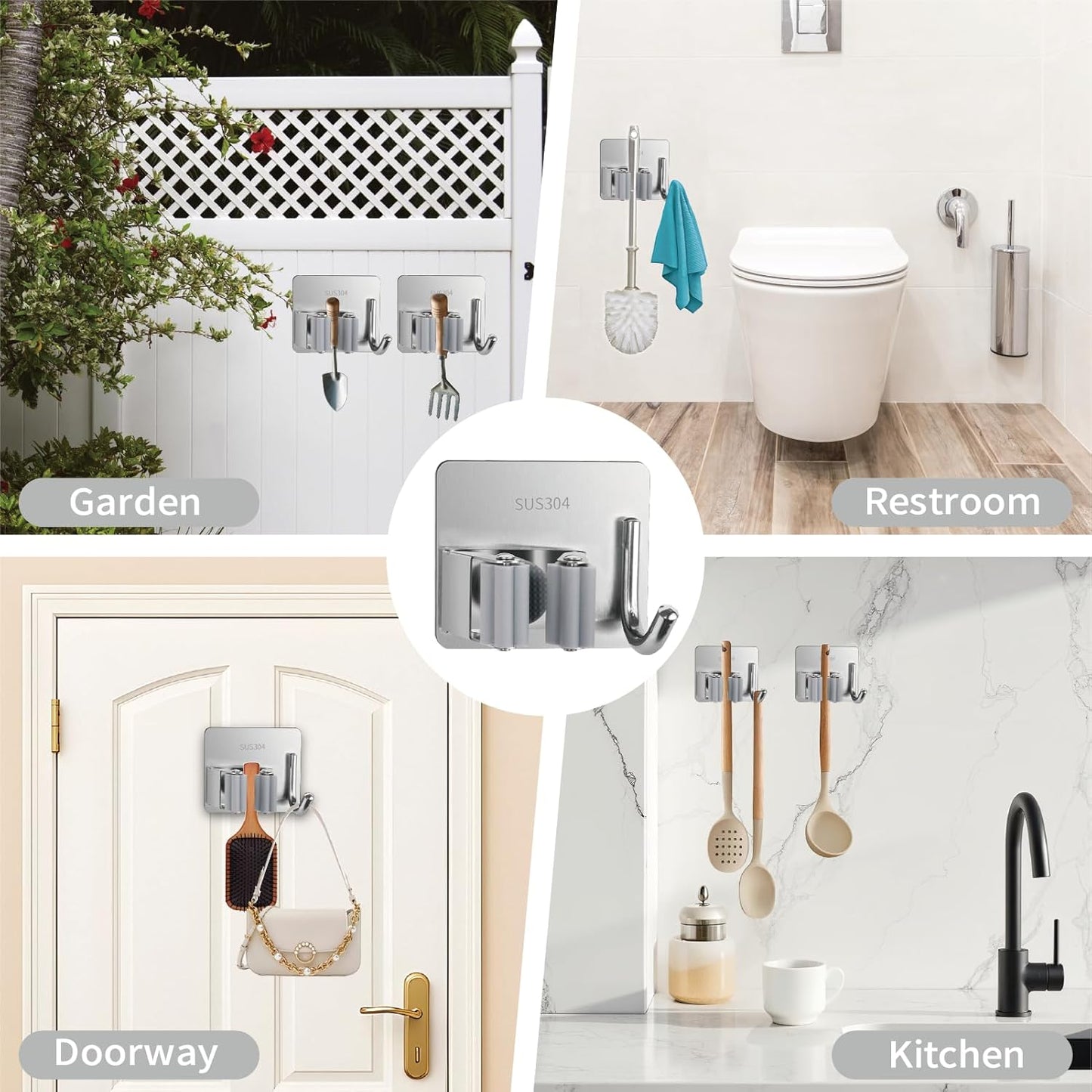 5 Pack Mop and Broom Holder Wall Mount, Silver Stainless Steel Mop and Broom Hanger with Hooks, Mop Broom Organizer for Closet Laundry Garage Garden Tool Organizer