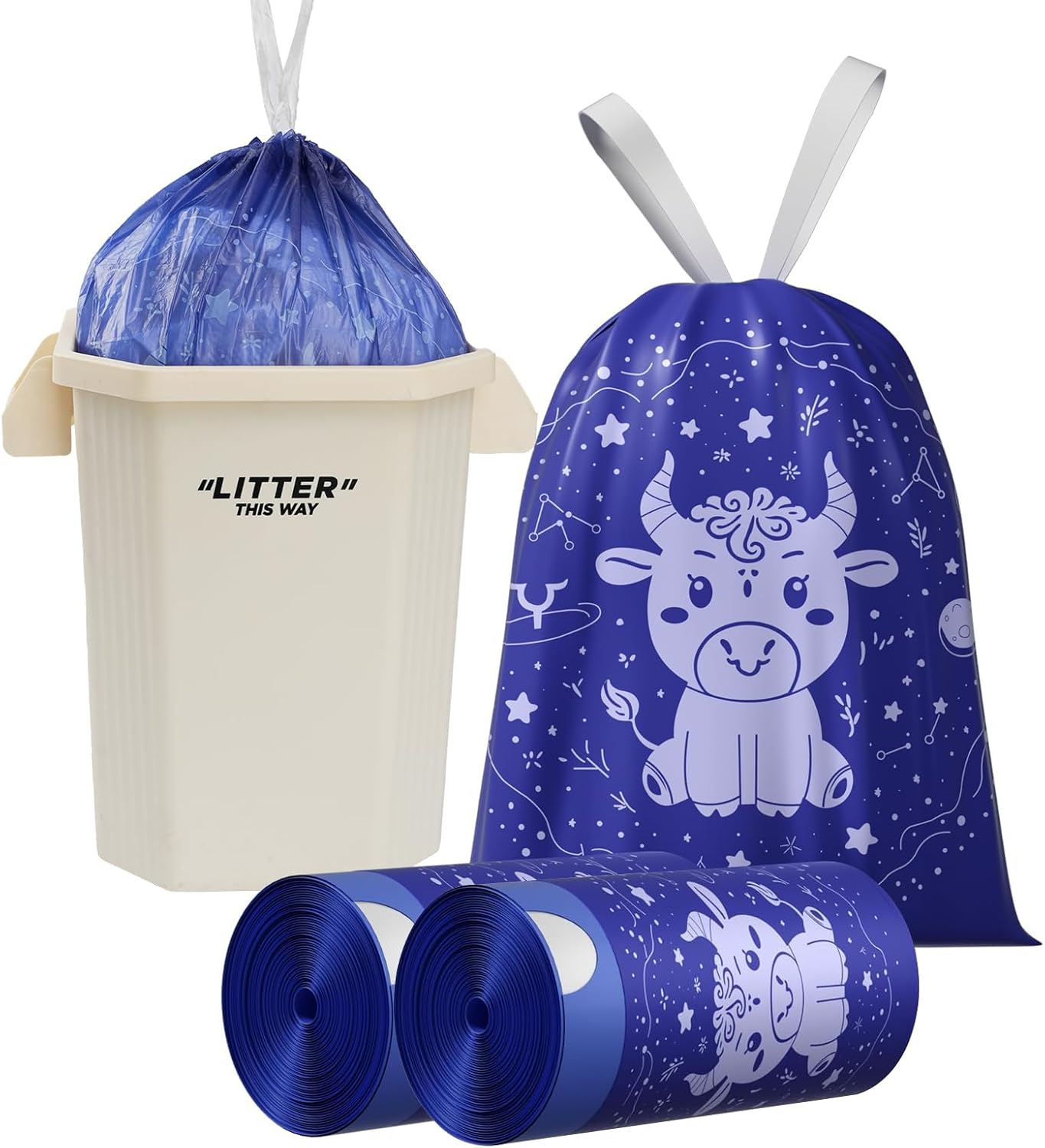 VOK 8 Gallon Trash Bags Drawstring, Medium Trash Bags for Office, Kitchen, Bedroom Trash Cans, Colored Portable Sturdy Garbage Bags 8 Gallon with Cute Cow Printed, 60 Counts