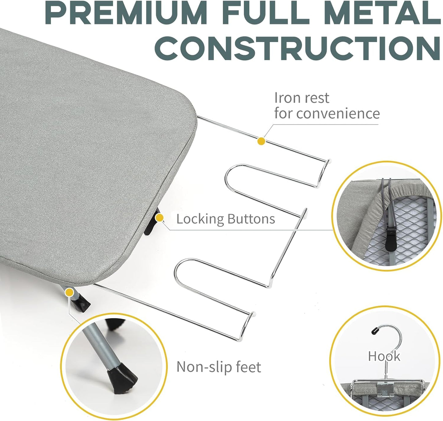 Metal Foldable Tabletop Ironing Board with Iron Rest, Portable Ironing Board Small with Heat Resistant Cotton Cover, RAINHOL Mini Iron Board for Small Space and Travel, 31"x12", Gray