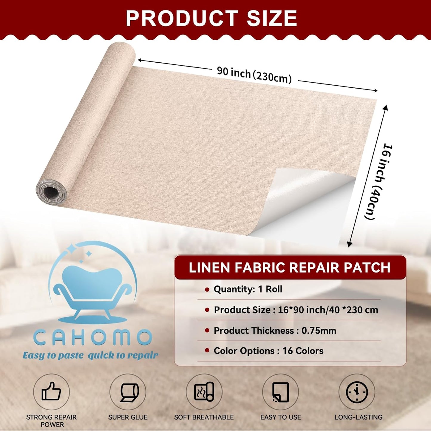 Linen Repair Tape 16x90 inch, Self Adhesive Fabric Patches, Linen Patch Tape Kit, Fabric Repair Tape for Couch Sofas, Headboards, Chairs, Pillows, Curtains, Couches - Blue
