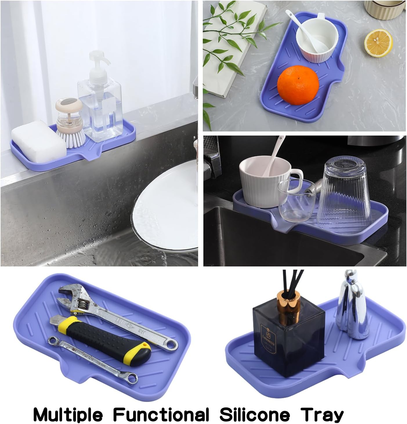 Silicone Bathroom Soap Dishes with Drain Spout-Bathroom and Kitchen Sink Organizer,Sponge Holder,Dish Soap Tray,Perfect for Dispenser,Scrubber,Bottle on Sink or Counter-Light Purple 9.6"×5.3"