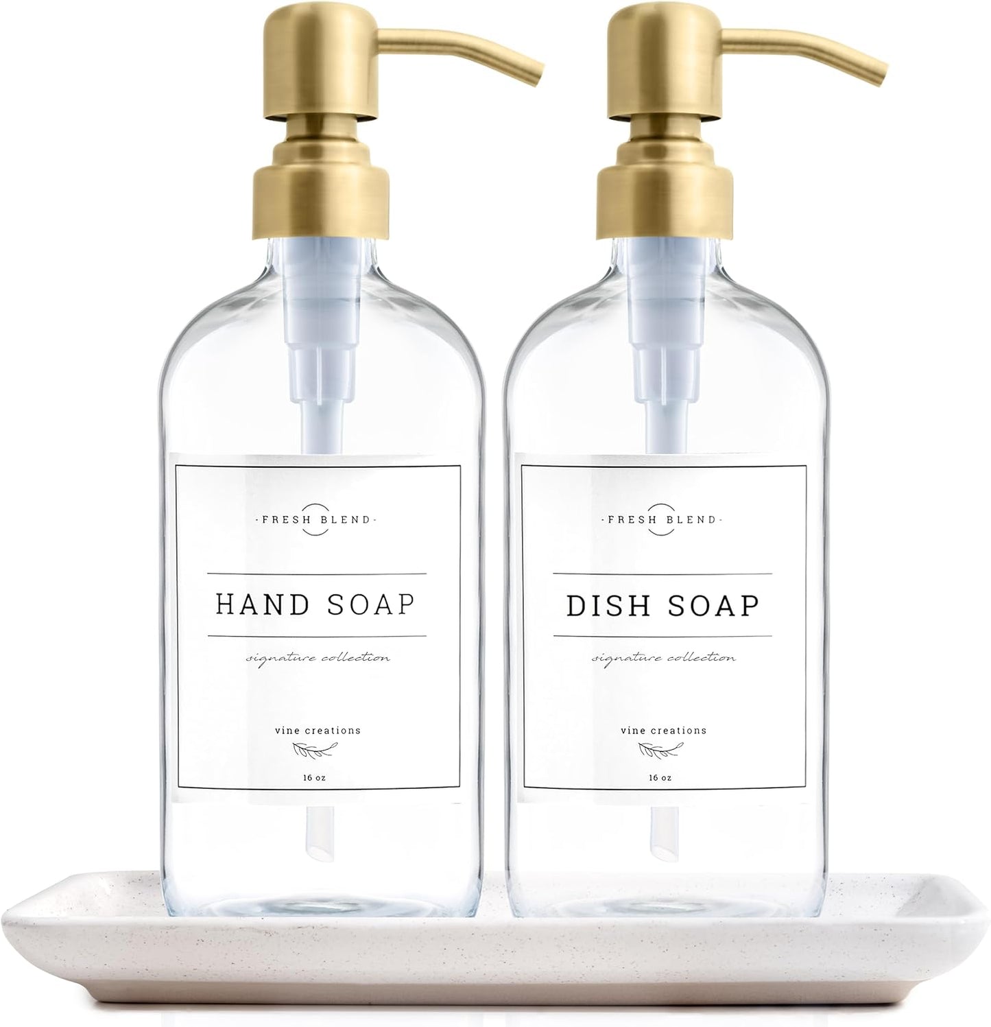 Vine Creations Glass Soap Dispenser, 2 Pack Kitchen Soap Dispenser Set with Ceramic Tray, Stainless Steel Pump, Dish Soap and Hand Soap Dispensers for Bathroom or Kitchen Decor with Waterproof Labels