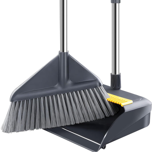 Broom and Dustpan Set for Home with 52 Inch Long Angled Handle - Stand Up Dustpan No Warping Metal Edge, Ergonomic Sweeping, 4 Layer Bristles and Hair Cleaning Teeth for Kitchen Office