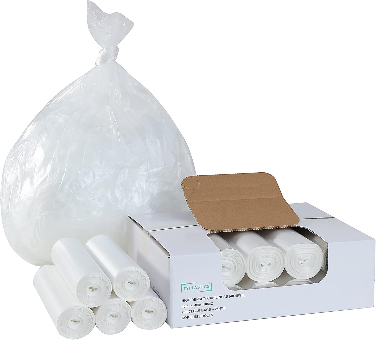 TYPLASTICS 40-45 Gallon Clear Trash Can Liners - 40" x 48" – High Density Garbage Bags - Case of 250 – Multipurpose for Office, Outdoor, Recycling, Industrial and Commercial