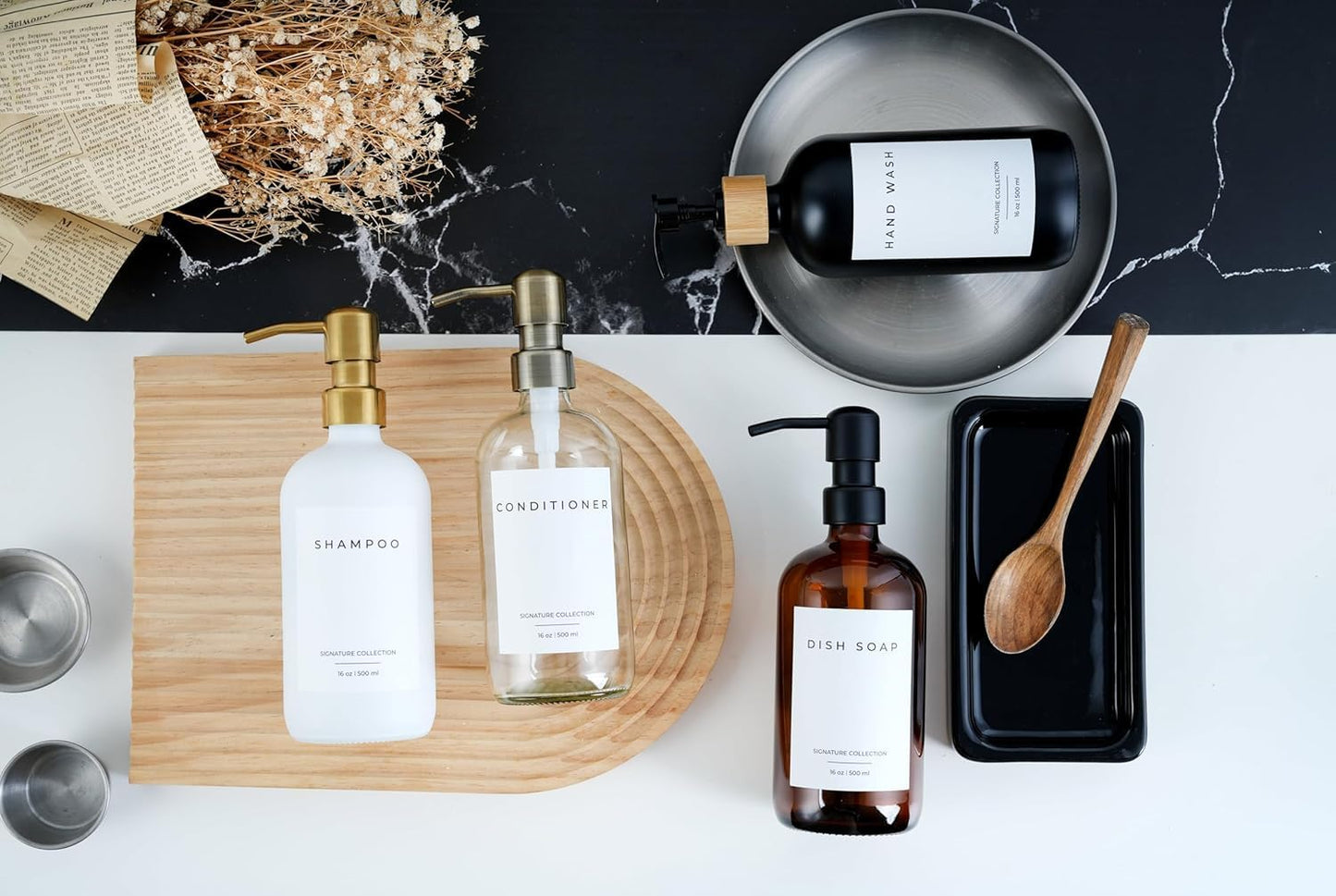 Emerson Essentials Soap Dispenser, Dish Soap Dispenser, Soap Dispenser Bathroom Set, Hand Soap Dispenser, Kitchen Soap Dispenser Set, Glass Soap Dispenser with Pump and Labels | 16 Oz, 2-Pack