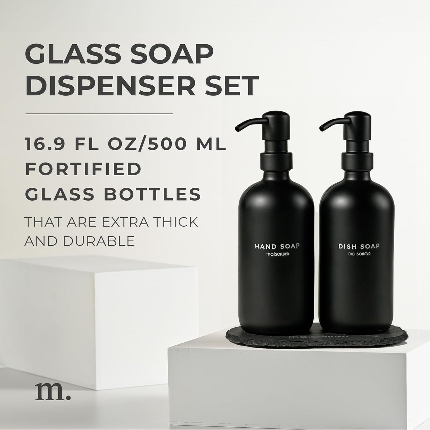 MaisoNovo Soap Dispenser 3-Piece Set | 16.9oz Black Bottles with Black Stainless Steel Pumps