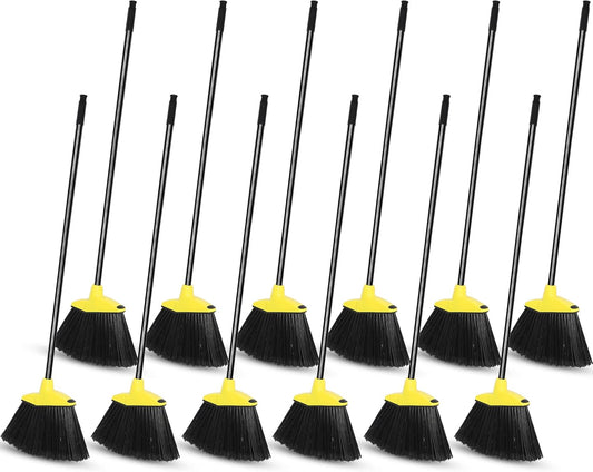 12 Pcs Heavy Duty 53 Inch Commercial Angle Brooms for Sweeping Indoor Outdoor - Black Broom with Long Handle for Garage, Courtyard, Patio, Lobby, Mall, Market, Shop, Sidewalk, Floor (Yellow)