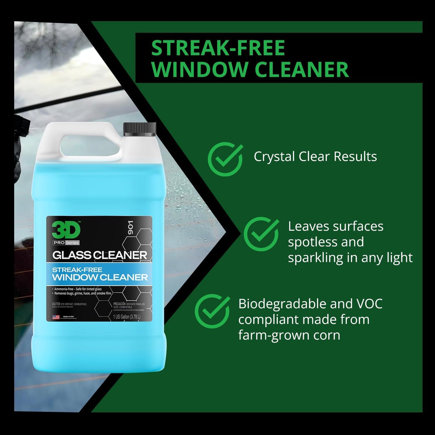 3D Glass Cleaner - Ready to Use, Tint Safe, Streak Free Glass Cleaner - Gallon