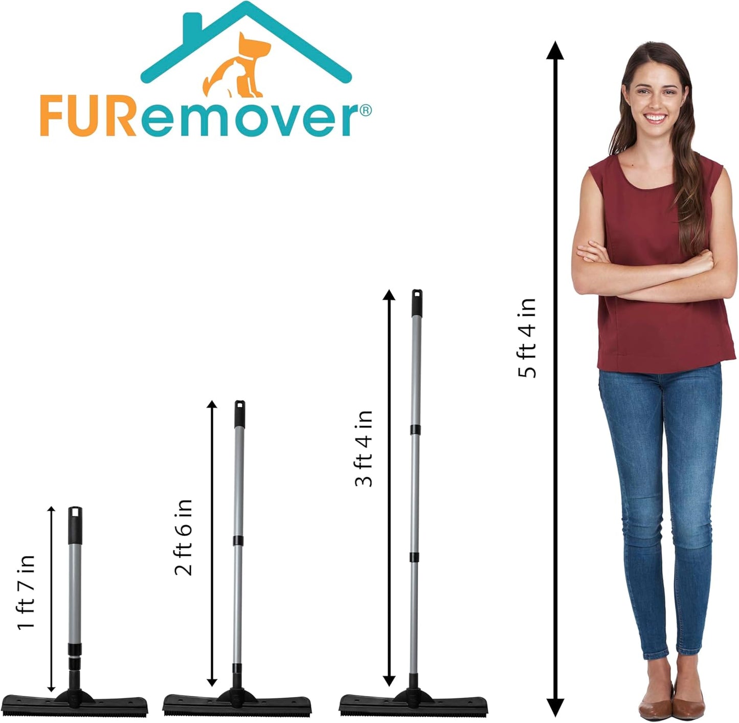 FURemover Compact Pet Hair Rubber Broom with Squeegee, with Handle That Telescopes up to 40" for Carpet, Tile and Hardwood