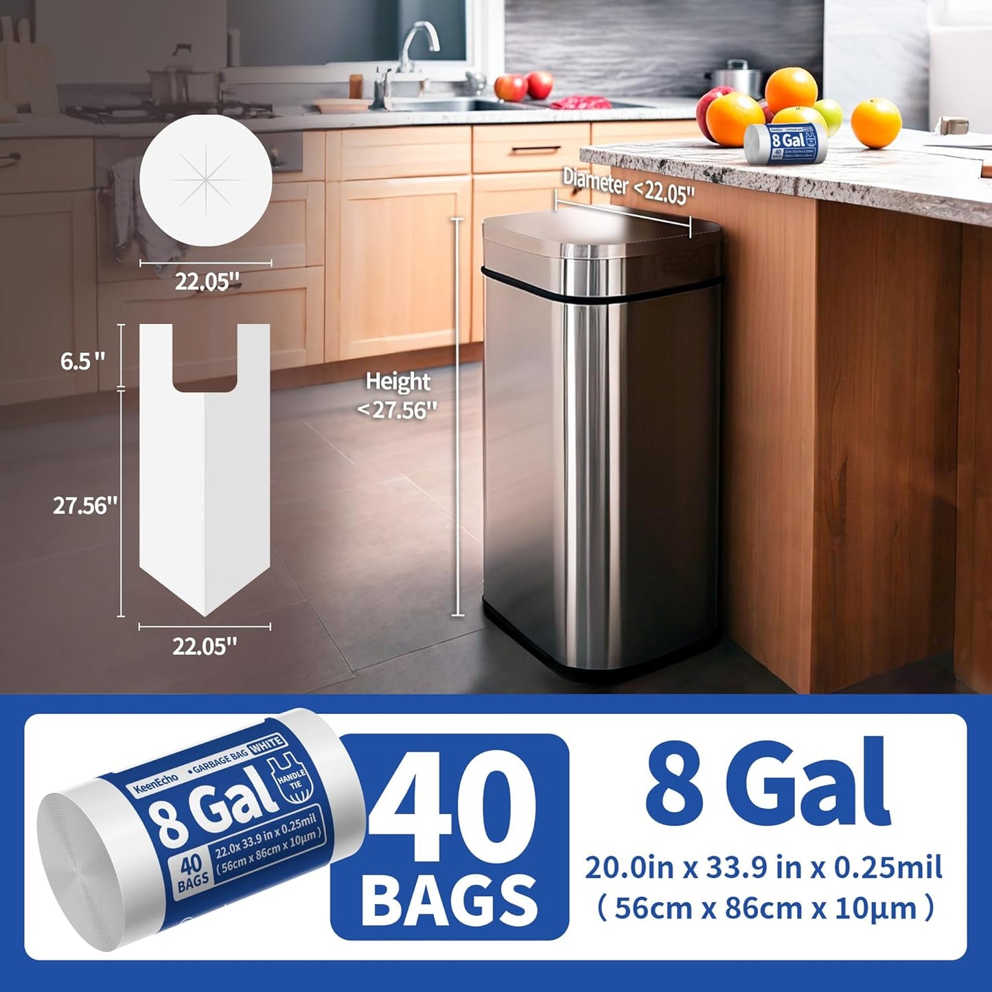 Small Trash Bags with Handles 8 Gallon 40 Count White - Ocean Plastic Upcycling - Plastic Garbage Bags, Can Bin & Waste Basket Liner for Kitchen, Bathroom, Office and Pets