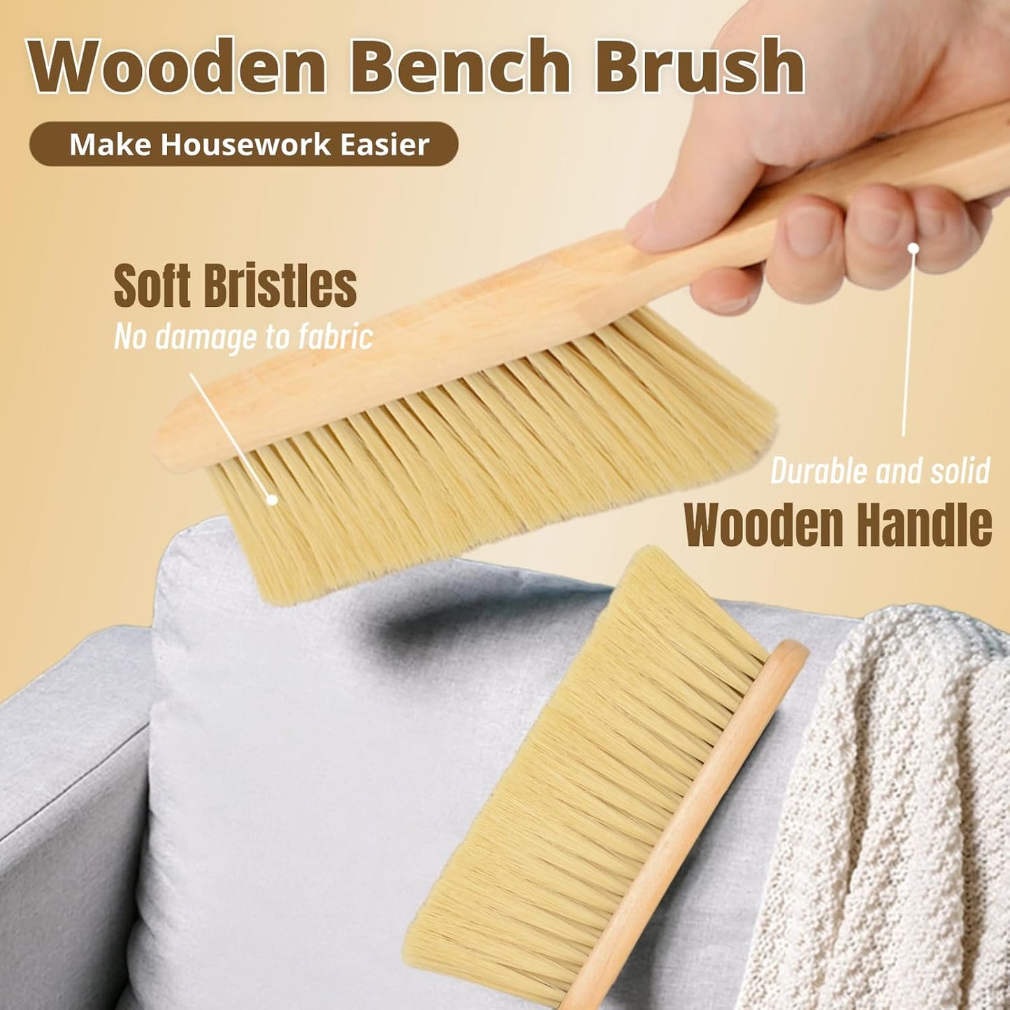 2 Pieces Woooden Dust Brush Hand Broom Bench Brush with Long Wood Handle Whisk Broom Soft Bristle Brush for Counter Bed Sofa Car Fireplace Clothes Household Cleaning(Khaki)