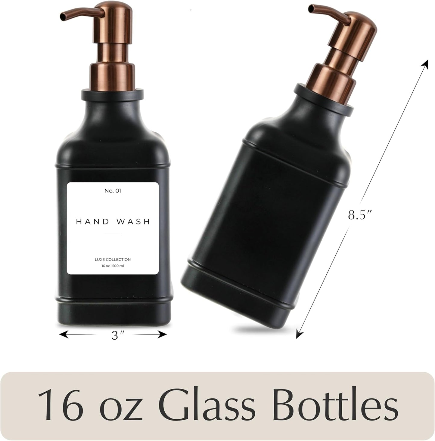 Emerson Essentials Soap Dispenser, Dish Soap Dispenser, Soap Bottle Bathroom Set, Stainless Steel Farmhouse, Kitchen Soap Dispenser Set - Glass Soap Dispenser with Pump and Labels, 16 Oz, 2 Pack