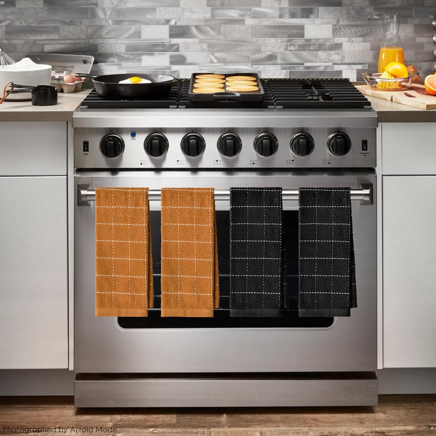 Artoid Mode Checkered Designed Cotton Black Caramel Terry Kitchen Dish Towels, 15x25 Inch Soft Absorbent Quick Drying Cleaning Tea Towels Set of 4