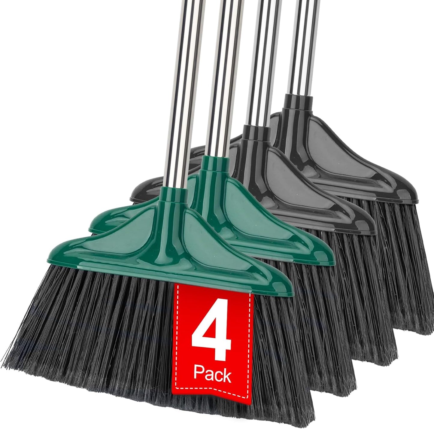 4 PCS Heavy Duty Broom Outdoor/Indoor Commercial Broom with 61" Long Handle,Perfect for Home Garage Kitchen Office Lobby Room Floor,Black and Green