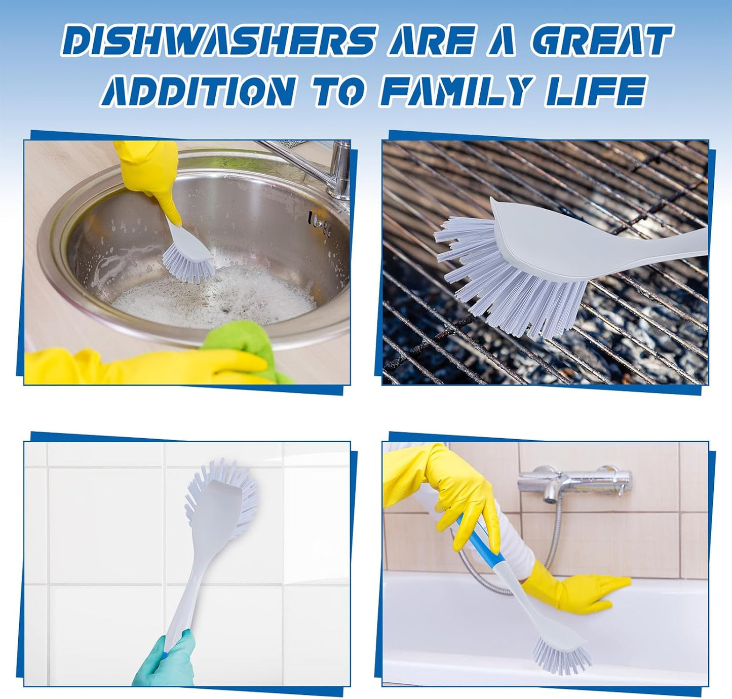 Hsei 6 Pcs Blue Kitchen Scrub Dish Brush Bulk with 11 Inch Handle Cleaning Dish Scrubber with Stiff Bristles Washing Scrub Brushes for Housekeeping for Pots and Pans, Kitchen Sink