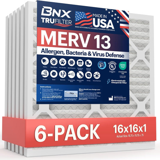 BNX TruFilter 16x16x1 Air Filter MERV 13 (6-Pack) - MADE IN USA - Electrostatic Pleated Air Conditioner HVAC AC Furnace Filters for Allergies, Pollen, Mold, Bacteria, Smoke, Allergen, MPR 1900 FPR 10
