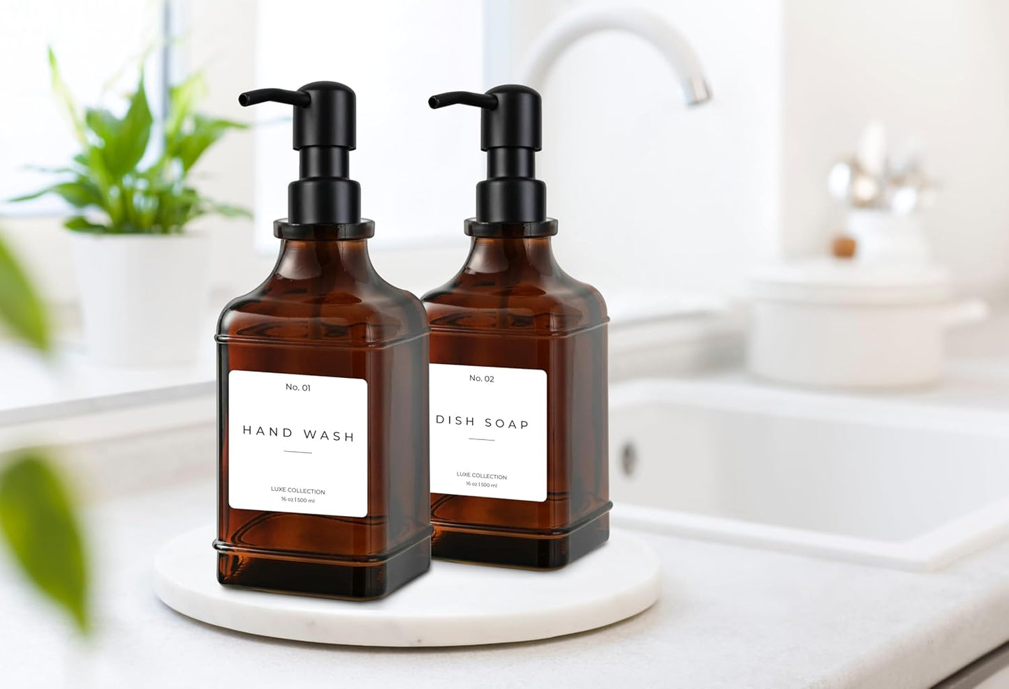 Emerson Essentials Soap Dispenser, Dish Soap Dispenser, Soap Dispenser Bathroom Set, Hand Soap Dispenser, Kitchen Soap Dispenser Set, Glass Soap Dispenser with Pump and Labels | 16 Oz 2-Pack