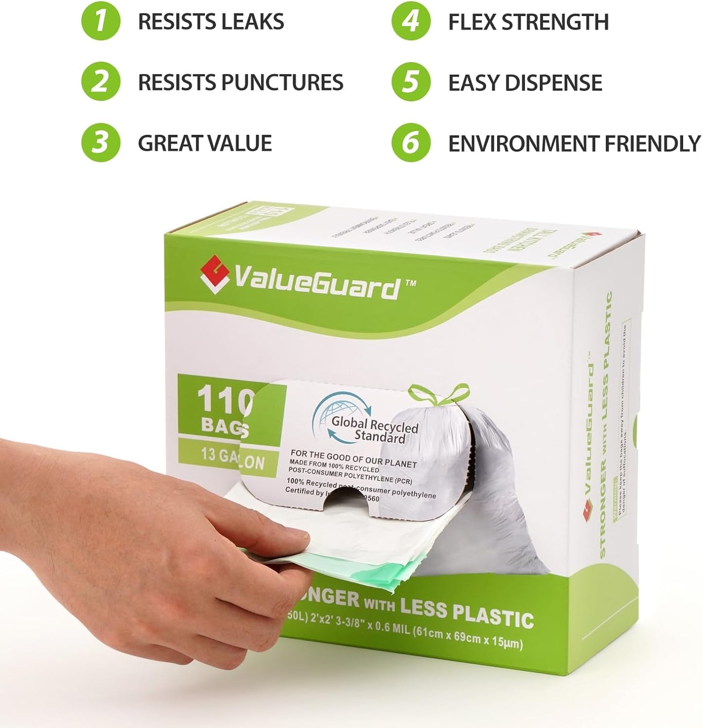 Large Trash Bags 13 Gallon Tall Kitchen Drawstring 100% Post-Consumer Recycled Garbage Bags Waste Bag for Office 0.6 Mil (110 Count)